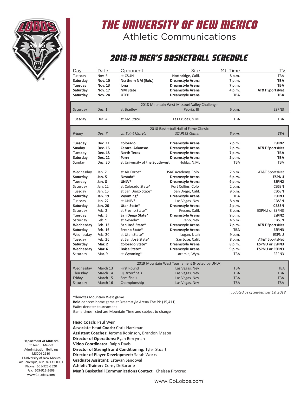 201819 UNM Men’s Basketball Schedule Released KQTMFM